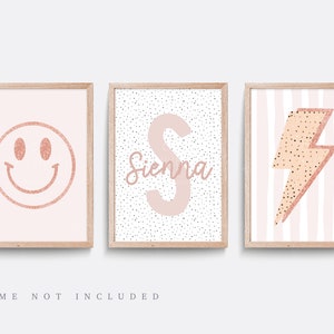 Pink nursery print, Set of 3 prints, smiley face print, Girl bedroom art, Boho retro, Lightening bolt print, teen girl wall art, name print