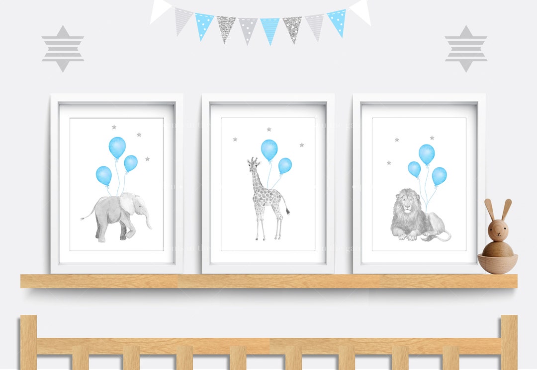 Safari Animal Nursery Prints: Blue Balloons, Set of 3 - Etsy