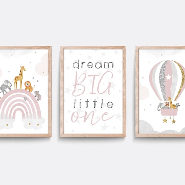 Safari nursery print. Set of 3 Star prints. Rainbow nursery decor. Hot air balloon. Baby nursery print. Baby Girl gift. Pink and grey art