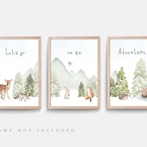 Nursery wall art, Set of 3, Let&#39;s go on an adventure prints, Mountain nursery decor, Woodland theme, Outdoor wall art, Forest nursery art