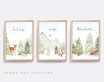 Nursery wall art, Set of 3, Green and blue nursery prints, Mountain nursery decor, Woodland theme, Outdoor wall art, Forest nursery art