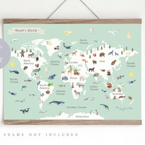 Map of the world, Animal World Map Print, Kid's World map,  Educational Print,  Nursery Map,  Nursery wall art,  Playroom Print, Kids decor