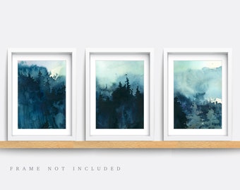 Abstract Forest Print Set: Blue Green Landscape Wall Art