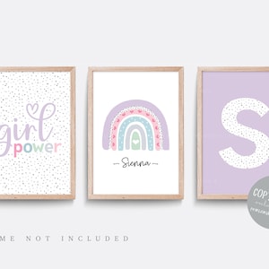 Rainbow nursery print, Rainbow wall art, Lilac nursery decor, Girls nursery art, Baby name print, Pink wall art, Girl power print, Set of 3