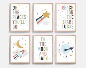 Space Nursery Prints: Planet, Star, Rocket - Set of 6