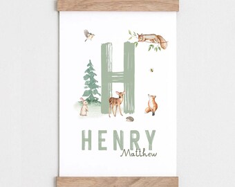 May include: A green watercolor letter H with woodland animals and a forest scene. The name Henry Matthew is printed below the letter.