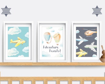 Sky Nursery Prints: Hot Air Balloon, Airplane, Helicopter Art (Set of 3)
