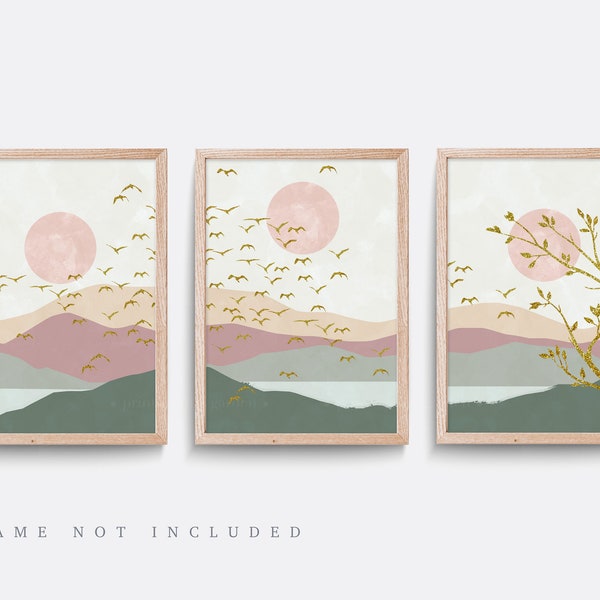 Abstract Landscape Print Set: Pink, Green, and Gold Wall Art