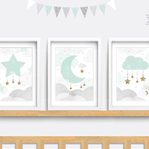 Nursery wall art. Set of 3 Star Nursery prints. Cloud nursery decor. Moon nursery art. Mint baby print. Baby gift. Gender neutral art