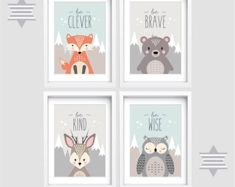 Woodland Nursery wall art, Set of 4 animal prints, Be brave be kind, Kid bedroom art, Baby nursery decor, Fox, Bear, Owl print, Deer print