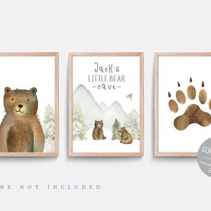 Bear nursery print, Nursery wall art, Set of 3, Woodland prints, Little Bear cave, Outdoor wall art, Forest nursery art, Bear wall art
