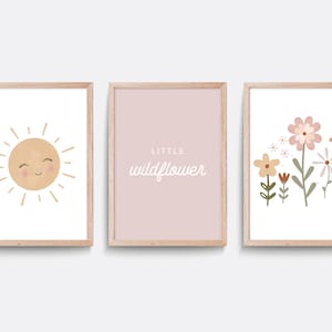 Wildflower nursery print, Set of 3 prints, Pink nursery decor, Floral nursery print, Rainbow print, Girl bedroom art, Boho nursery print