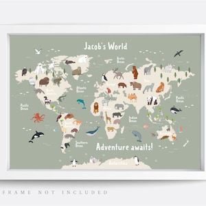Animal World Map Print, Map Wall Art,  Educational Print,  Baby Decor,  Nursery Map,  Nursery Room,  Children's Room Decor,  Playroom Print