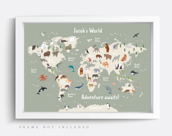 Animal World Map Print, Map Wall Art,  Educational Print,  Baby Decor,  Nursery Map,  Nursery Room,  Children's Room Decor,  Playroom Print