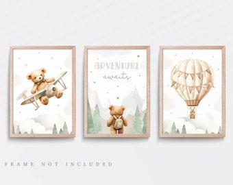 Teddy Bear Nursery Print Set: Hot Air Balloon, Aeroplane Wall Art