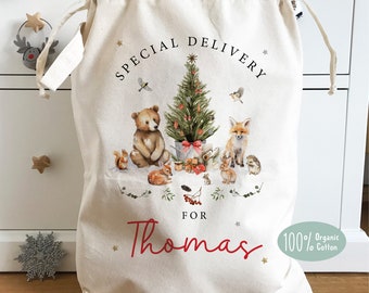 Personalised Christmas Sack, 100% Organic natural cotton, Woodland Nursery, Christmas Gift, Santa Sack, Heavy duty linen, 46x60cm, 60x76cm