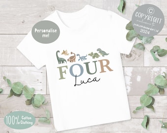 May include: White cotton t-shirt featuring a dinosaur design and the word "FOUR" in blue and brown. The name "Luca" is written below. The shirt also has the text "100% Cotton Clothing".