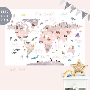 Animal World Map wall sticker, Wall decal, Nursery wall sticker, Nursery wall art, Kid wall decal, Mural, Animal world map, Map of the world