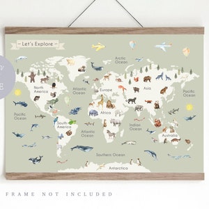 Animal World Map Print, Kid's World map,  Educational Print,  Nursery Map,  Nursery wall art,  Children's Room Decor,  Playroom Print
