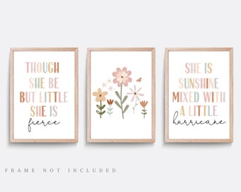 Girls nursery print, Set of 3 prints, Boho nursery decor, Name art, Wildflower print, Though she be but little she is fierce, Pink quote art