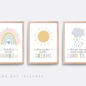 Nursery wall art, Set of 3 prints, Somewhere over the rainbow, Rainbow Nursery print, Kid bedroom art, Cloud nursery, Rainbow baby shower