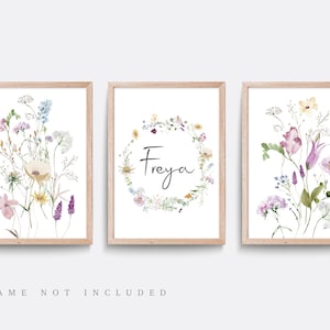 Wildflower nursery print, Set of 3 prints, Pink nursery decor, Floral nursery print, Baby name print, Girl bedroom art, kid name art