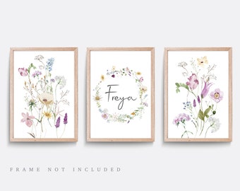 Wildflower Nursery Print Set: Personalized Floral Girl Bedroom Art