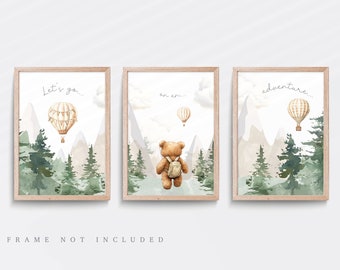 Teddy Bear Nursery Print Set: Hot Air Balloon Adventure Art