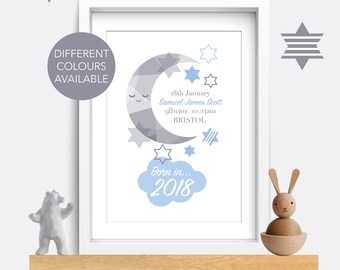 Personalized Baby Birth Details Print: Moon & Stars Nursery Decor