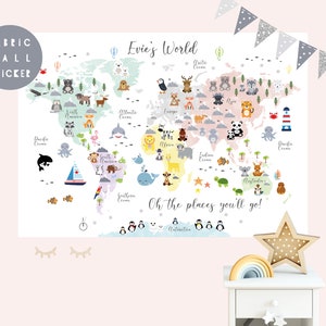 Animal World Map wall sticker, Wall decal, Nursery wall sticker, Nursery wall art, Kid wall decal, Mural, Animal world map, Map of the world