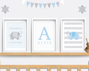 Elephant Nursery Art: Set of 3, Personalized Name Prints