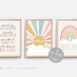 Rainbow nursery print, Rainbow wall art, Neutral nursery decor, You are my sunshine nursery art, Baby name print, Girl bedroom art, Set of 3
