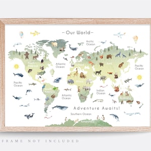 Animal World Map Print, Map Wall Art,  Educational Print,  Baby Decor,  Nursery Map,  Nursery Room,  Children's Room Decor,  Playroom Print