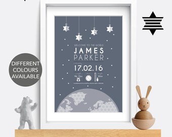 May include: A gray and white baby birth announcement print with a star design. The print includes the name "JAMES PARKER" and the date "17.02.16".
