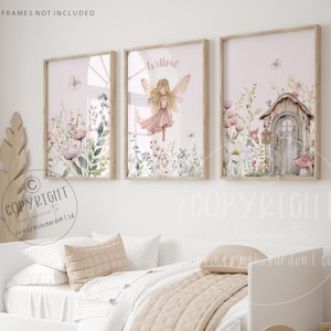 Fairy nursery print, Girl&#39;s fairy print, Fairy wall art, Pink nursery decor, Girls nursery art, girl name print, Girls bedroom art, Set of 3