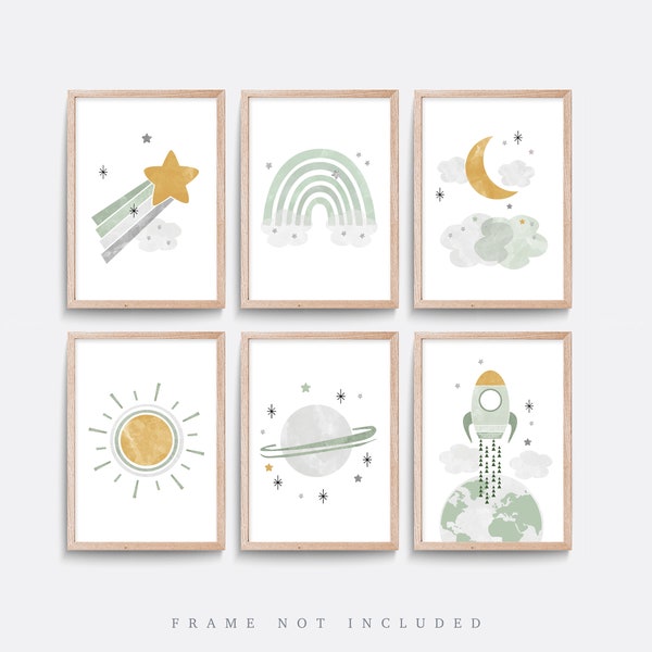 Space nursery prints, Set of 6 Nursery prints, Nursery wall art, Space wall art, Baby boy gift, Planet, Sun print, Rocket print, Rainbow art