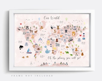 Peut inclure: Une carte du monde rose et blanche avec des illustrations d'animaux représentant différents continents. La carte comprend le texte "Our World" et "Oh, the places you will go!"