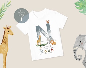 Gepersonaliseerde kinder T-shirt, Safari Animal T-shirt, verjaardag aandenken T-shirt, kinderverjaardagscadeau, jongens T-shirt, kindernaam T-shirt