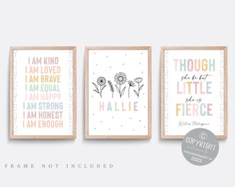 Girls nursery prints, Set of 3 prints, Affirmation print, Name print, Wildflower print, Though she be but little she is fierce, Quote art