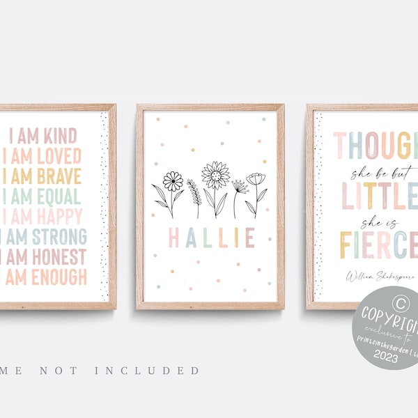 Girls nursery prints, Set of 3 prints, Affirmation print, Name print, Wildflower print, Though she be but little she is fierce, Quote art