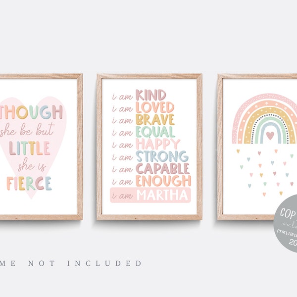 Girls nursery prints, Set of 3 prints, Pink nursery decor, Name print, Affirmation, Though she be but little she is fierce, Pink quote art