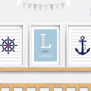 Nautical nursery prints, Nautical Nursery wall art, Set of 3 sea themed prints,Kids name print, Baby nursery decor, Grey art, Blue wall art
