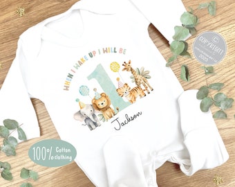 1st birthday sleep suit, Personalised Sleepsuit, When I wake up I will be one outfit, first birthday baby grow, Safari theme birthday