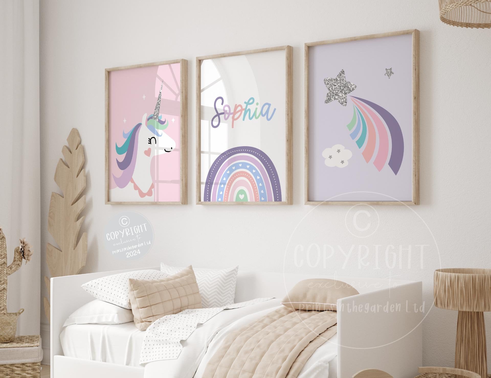 Unicorn Nursery Print Set: Rainbow Star Girls Room Art