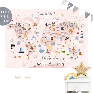 Animal World Map wall sticker, Wall decal, Nursery wall sticker, Nursery wall art, Kid wall decal, Mural, Animal world map, Map of the world