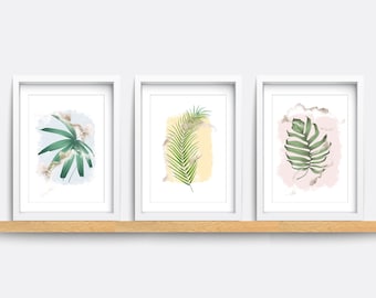 Set of 3 Prints, Plant art prints, pink wall art, Modern art print, Botanical print, living room decor, flower art, bedroom print, Leaf art