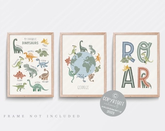 Dinosaur Nursery Print Set: Green Boys Bedroom Wall Art