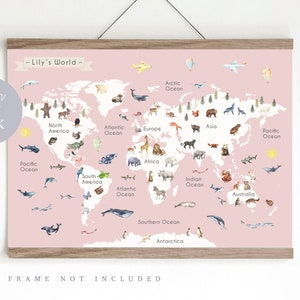 Animal World Map Print, Kid's World map,  Educational Print,  Nursery Map,  Nursery wall art,  Children's Room Decor,  Playroom Print