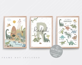 May include: Three printable dinosaur themed nursery art prints. The first print features a green dinosaur with a volcano and palm trees. The second print features the letter R with the name Ralph and a green dinosaur. The third print features a chart of different dinosaurs with their names.
