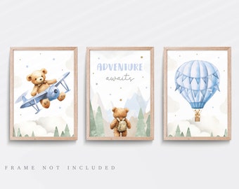 Teddy Bear Nursery Print Set: Hot Air Balloon, Aeroplane Wall Art